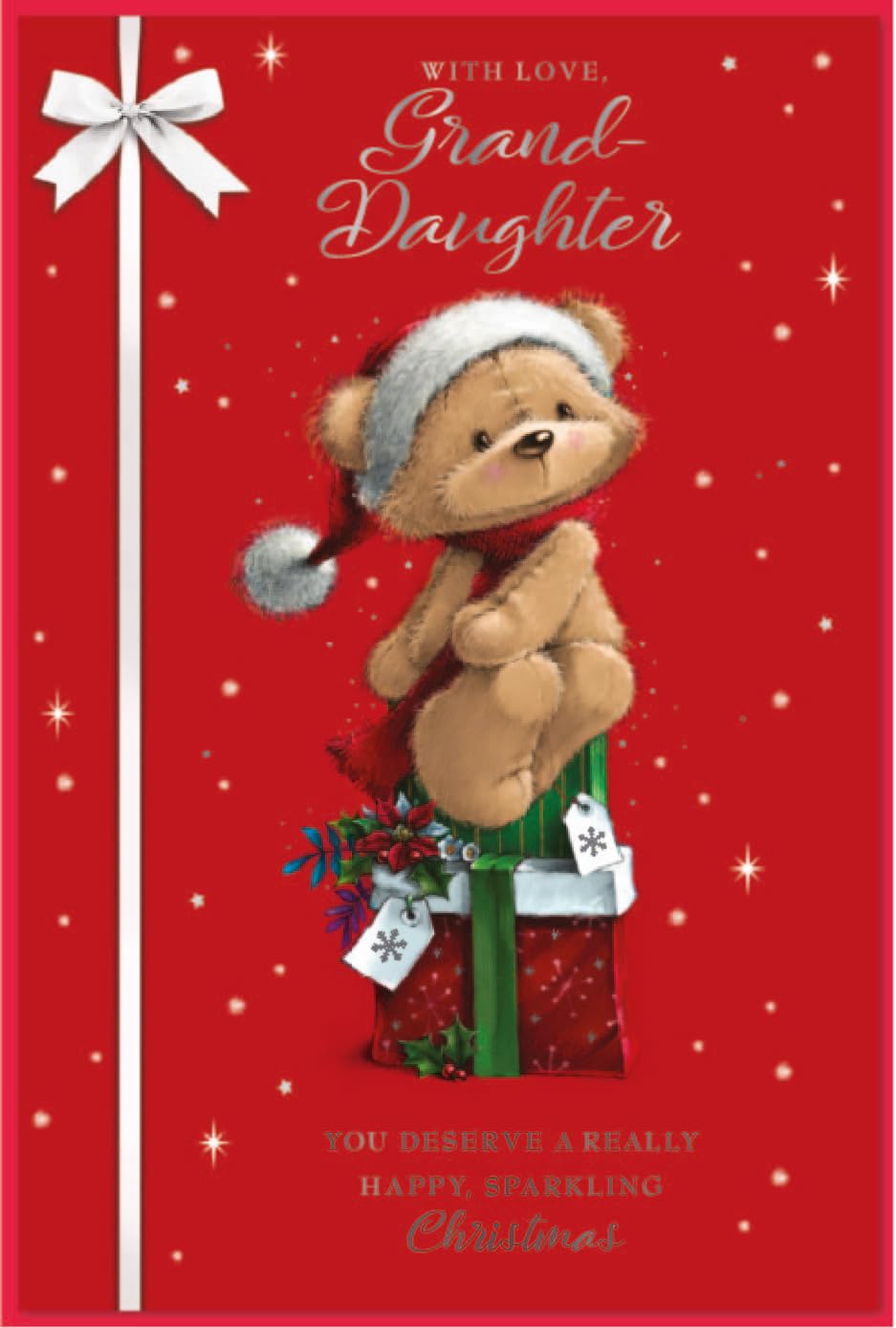 Granddaughter Christmas Card - Bear in Santa Hat Sat on Present with Silver Foil 9x6"