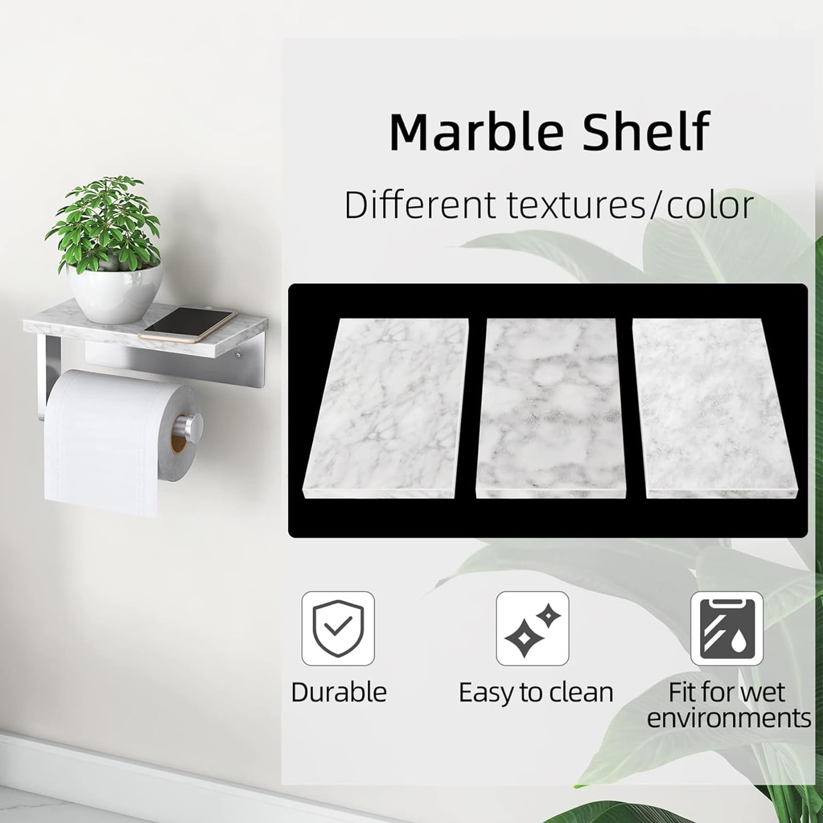 Soporte de papel higiénico de níquel cepillado montado en la pared con estante de mármol, soporte para rollo de papel de papel higiénico de acero inoxidable 304 para baño y baño, soporte de papel 6