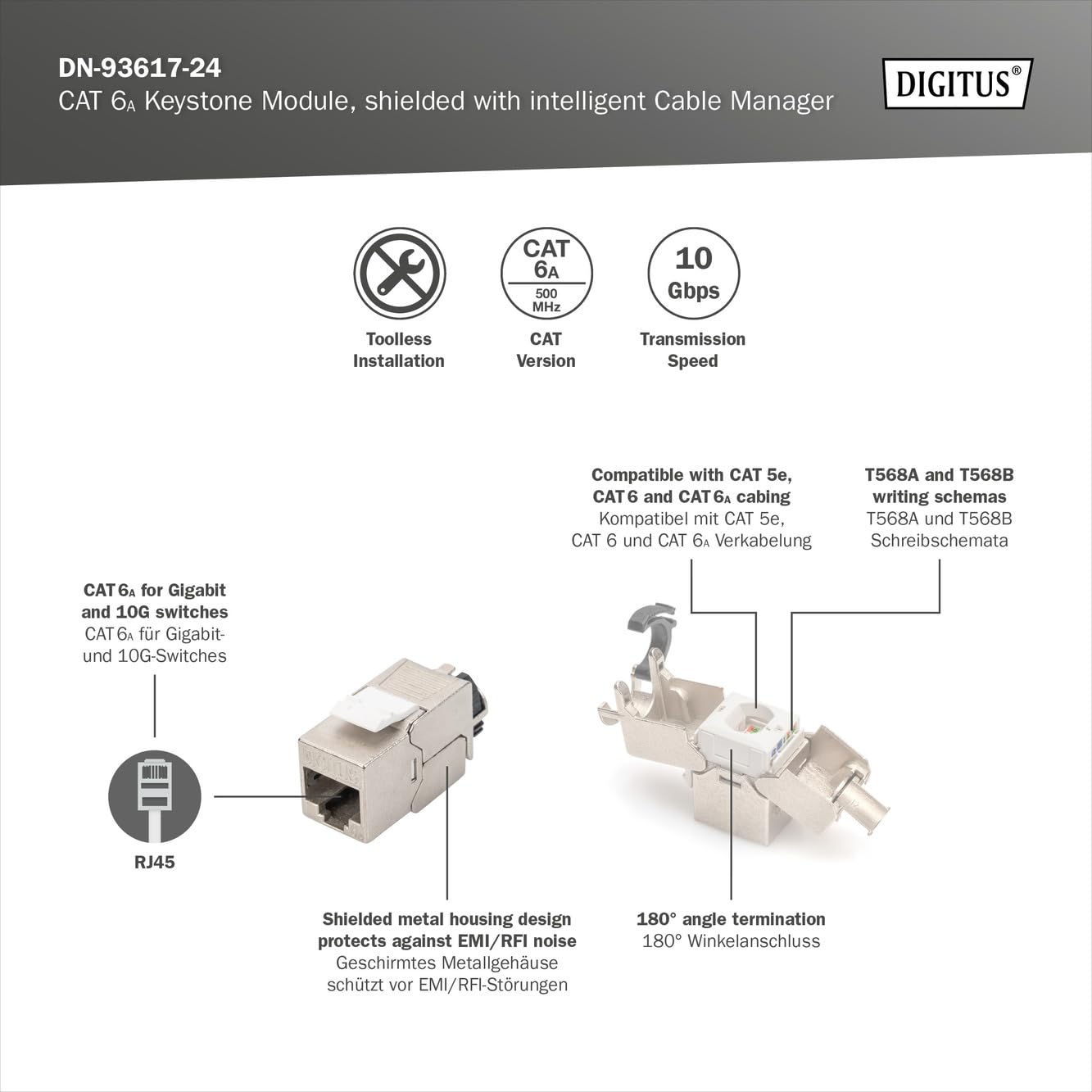 DIGITUS Moduł Keystone Cat-6A ekranowany - 24 sztuki - Gniazdo RJ45 - 500 MHz 10GBase-T - AWG 26-22 - Projektowalny - Z dźwignią blokującą - Montaż bez użycia narzędzi