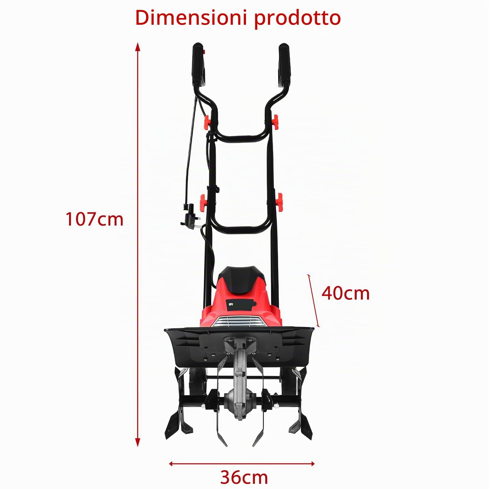 SOARS Motozappa Elettrica Pieghevole 1200W, Larghezza di Lavoro 36 cm Profondità di Lavoro 22 cm, 4 Lame, Zappatrice Elettrica per Orto e Giardino (Rosso, 36 x 40 cm, con Ruote)