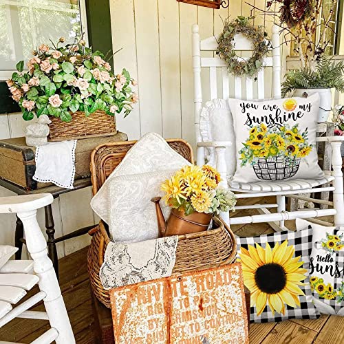 Summer Sunflower Pillow Covers 18X18 Set Of 4, Black White Buffalo Check Plaid Outdoor Throw Pillow Covers Rudder Pillowcase Farmhouse Decorations Sunshine Cushion Case For Home #TOP2