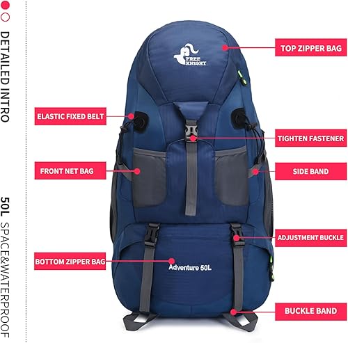 Miniatura 8 de Mochila de senderismo ligera resistente al agua de 50 litros, mochila deportiva al aire libre, bolsa de viaje para escalada, campamento y viajes,