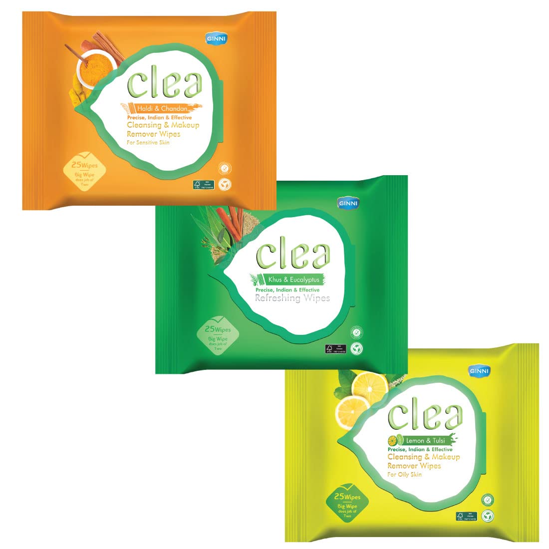 Clea Wet Wipes | Makeup Remover & Refreshing Wipes | Lemon & Tulsi for Oily Skin, Haldi & Chandan for Sensitive Skin, Khus & Eucalyptus for Refreshing Glow | Travel-Friendly Pack | 25 Wipes (Per Pack)