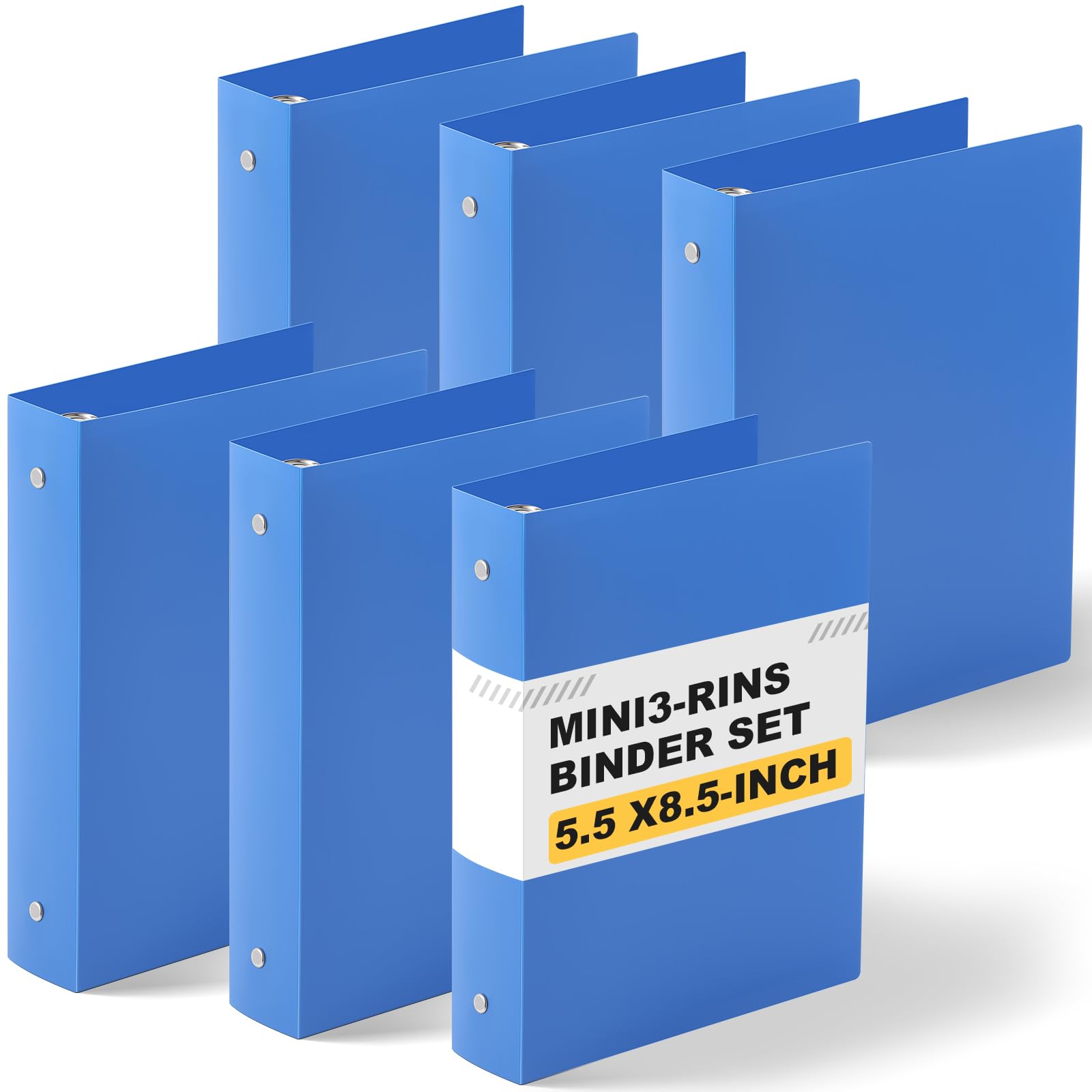 Henoyso 6 mini raccoglitori a 3 anelli da 3,8 cm, adatti per carta da 14 x 21,6 cm, contiene (capacità 280 fogli), in plastica flessibile, tre anelli rotondi piccoli blu A5 per scuola, ufficio, album