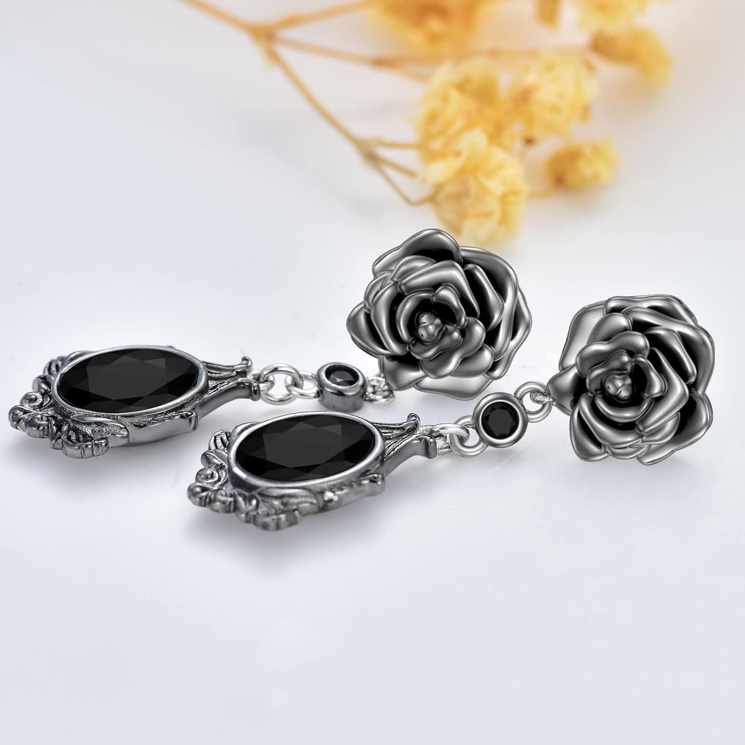 Silver Black Rose Stud Earrings 925 Sterling Silver Long Dangle Earrings Gothic Punk Drop Earrings Gothic Jewelry Gifts for Women Cocktail Party Halloween