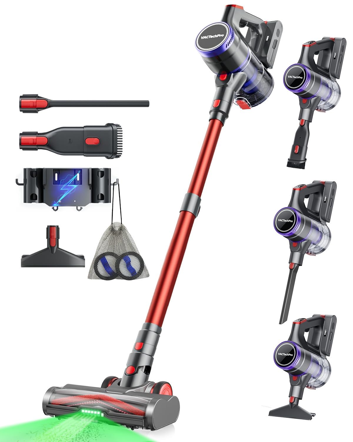 VACTechPro F02 Ultra Cordless Vacuum Cleaner, 50KPA/600W/70min Stick Vacuum with 1.5L Dustbin, Wall-mounted Charging/Removable Battery, Anti-Tangled Handheld Vacuum for Hardwood Pet Hair Carpet Home
