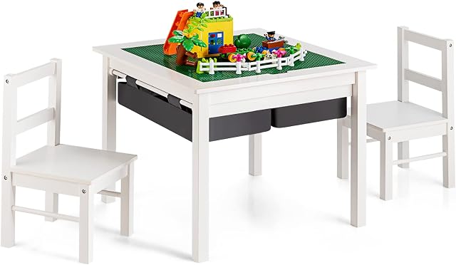 COSTWAY Kids Table and Chairs Set, Children Wooden Activity Table with Double-Sided Building Block Tabletop, Storage Drawers, for Construction, Learning, Drawing, Dining and Crafts (White)