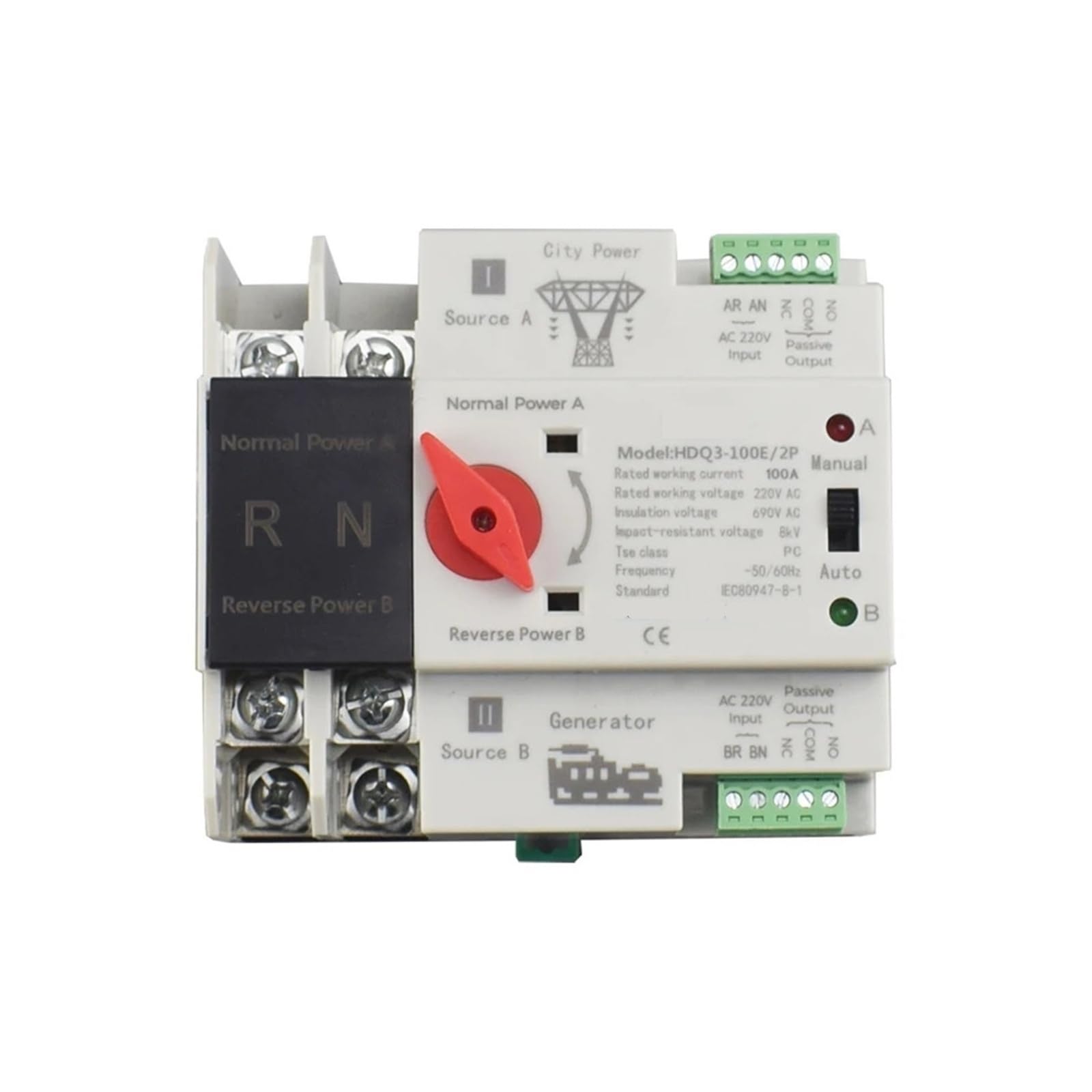 Disyuntor HDQ3-100E Carril Din monofásico 2P 125A AC 230V ATS Interruptores selectores eléctricos de transferencia energía dual Alimentación ininterrumpida
