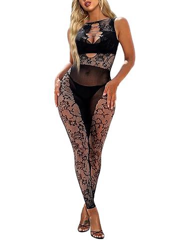 Buitifo Womens Fishnet Bodystocking Plus Size Crotchless Bodysuit Sexy Tights Soft Nightwear Lingerie - One Size - Black 88tp
