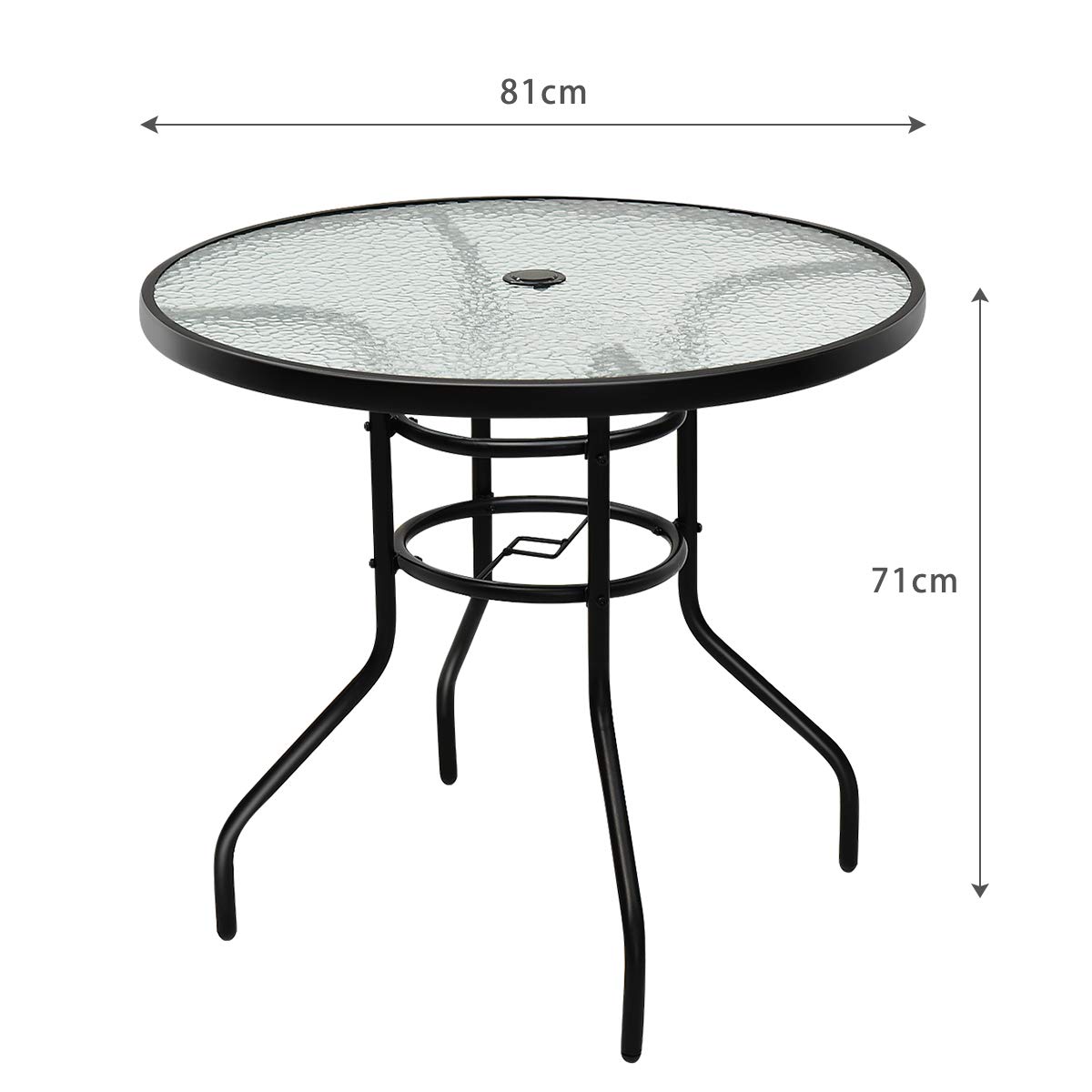 COSTWAY Table de Jardin Ronde, Plateau en Verre Trempé Massif avec Trou de Parasol, Cadre en Métal Anti-Rouille Plateau ø 80 CM, Hauteur 70 CM pour Balcon, Bistro,Patio, Terrasse Noir