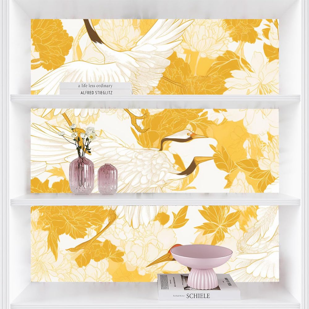 Papel pintado autoadhesivo Flores vintage doradas y blancasGrulla peonía retro Papel tapiz adhesivo papel de contacto papel de pared papel de pared fácil de despegar para mesita de noche cajón gabin