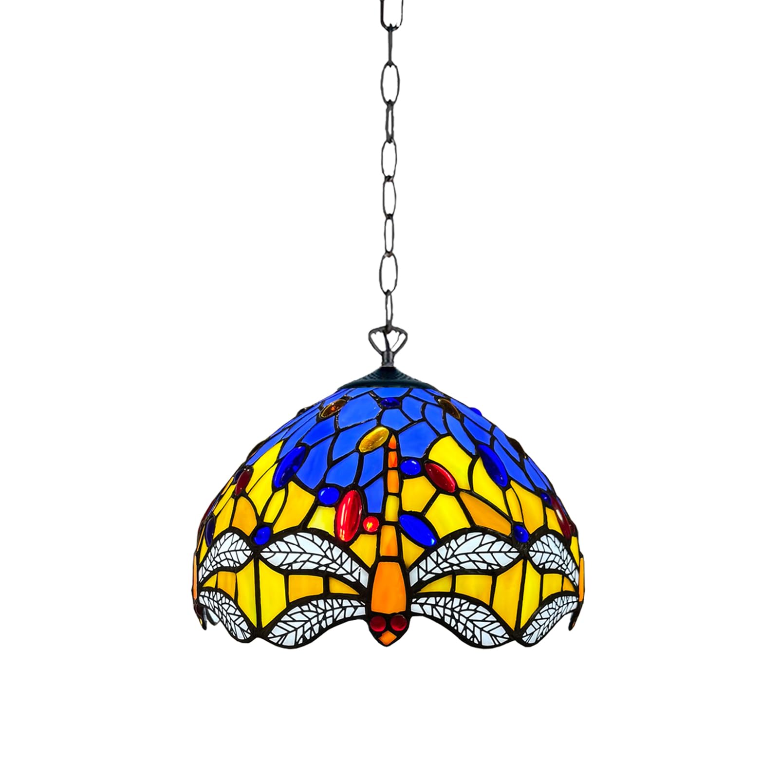 Tiffany Pendant Light 10in Blue & Yellow Dragonfly - Stained Glass Shade