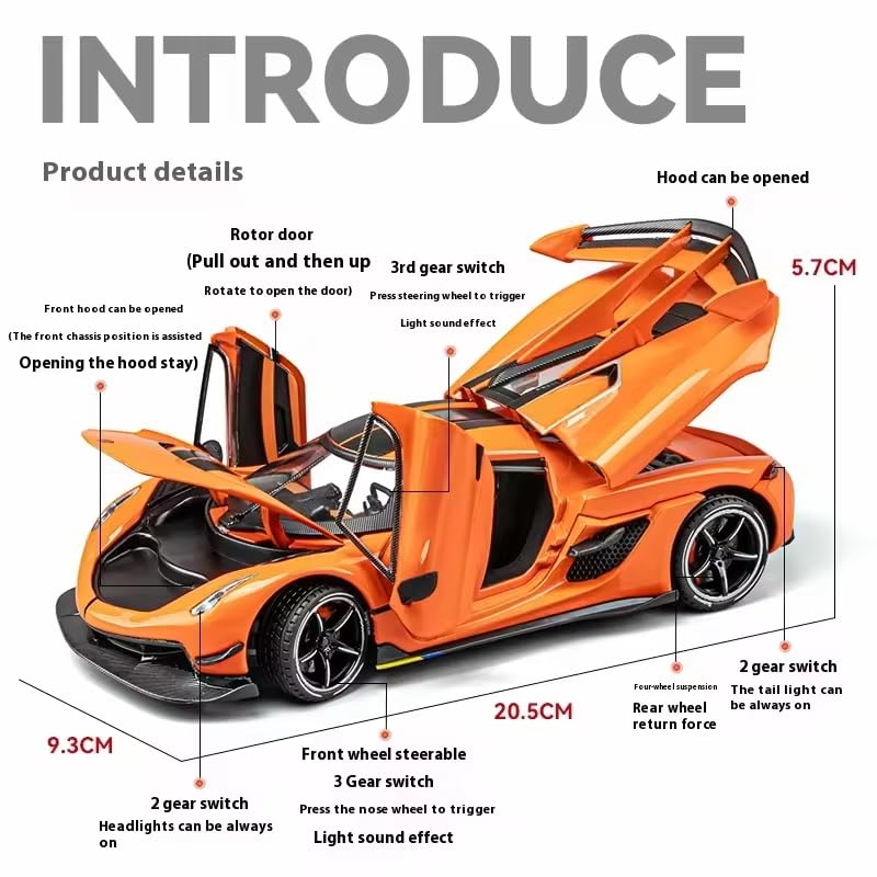 Image of Alokik Enterprise 1:24 Koenigsegg Jesko Sport Diecast Model Metal Pull-Back Car with Sound & Light and 2 Opening Doors Kids' Best Toy Vehicle Gift【Orange】