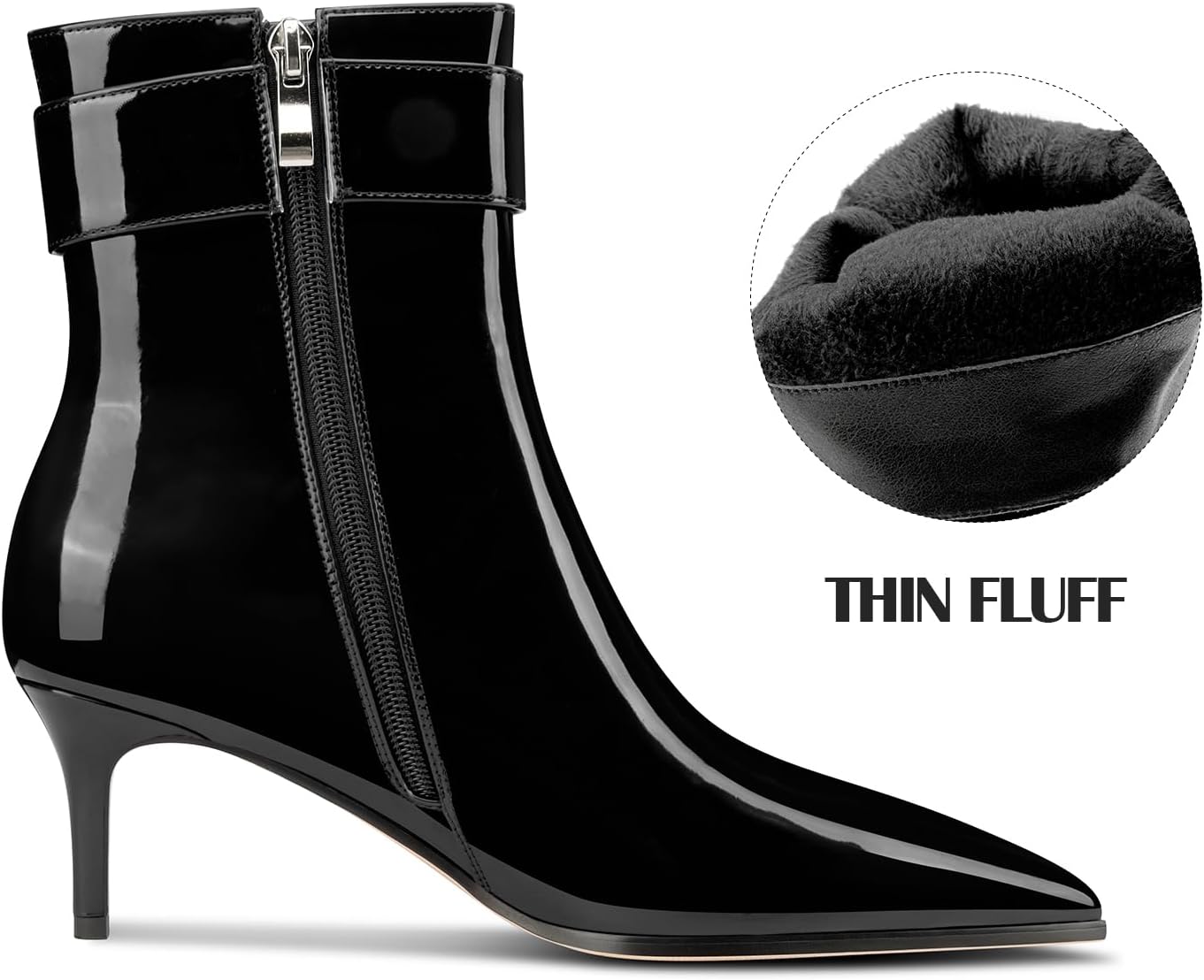 Aachcol Womens Kitten Heel Ankle Boots Pointed Toe Buckle Rhinestone Crystal Mid Calf Zipper 2.6 Inches Heels Patent Leather Dress Short Booties