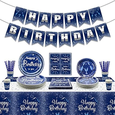 Navy Blue and Silver Birthday Decorations, Birthday Party Supplies for Men Women, Includes Happy Birthday Banner, Tablecloth, Plates, Napkins, Cups, Serves 20 Guest (A) Cover