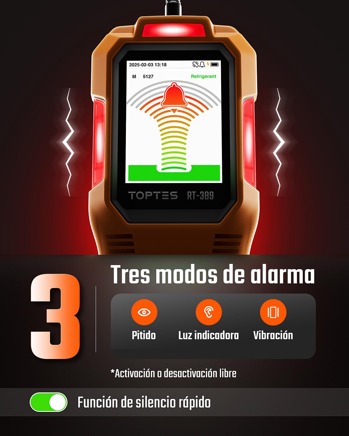 TOPTES RT-389 Detector de Fugas de Refrigerante Recargable, Detector de Fugas de Freón con 3 Modos de Sensibilidad y 3 Tipos de Alarma, para CFC HCFC HFC HFO HC para Coche, Hogar e Industria – Naranja