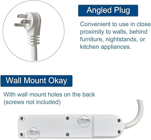 Miniatura 4 de Regleta de alimentación de 4 tomas, 15 A, 125 V, 1875 W, 90 julios, cable corto de 20 pulgadas con enchufe en ángulo, pequeño protector de