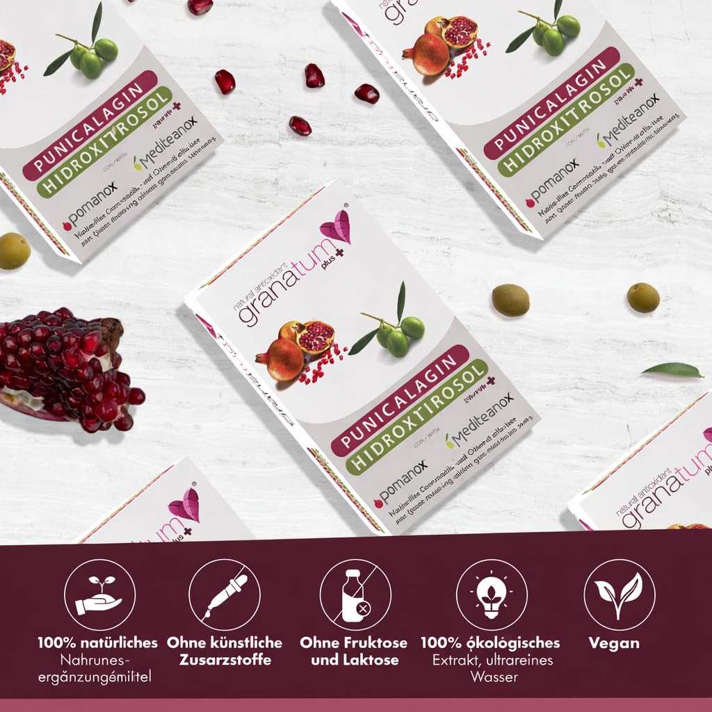Granatum Plus - Punicalagin und Hydroxytyrosol - Granatapfel- und Extra Natives Olivenölextrakt - Antioxidativ und Entzündungshemmend - Hautpflege - Spanien - 1 Box 60 Kapseln