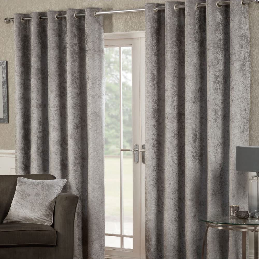 Alan Symonds  Silver Crushed Velvet Ring Top Curtains in Size 90x90 Inch, Sports Direct