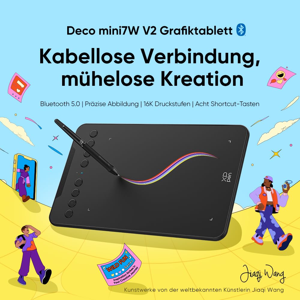 XPPen Deco mini7W V2 Grafiktablett 7x4,37 Zoll, mit Batterielos Stift 16384 Druckstufen, 5080LPI, 200RPS, 8 Tasten, Bluetooth-5.0, Kompatibel mit Windows, macOS, Android, ChromeOS und Linux