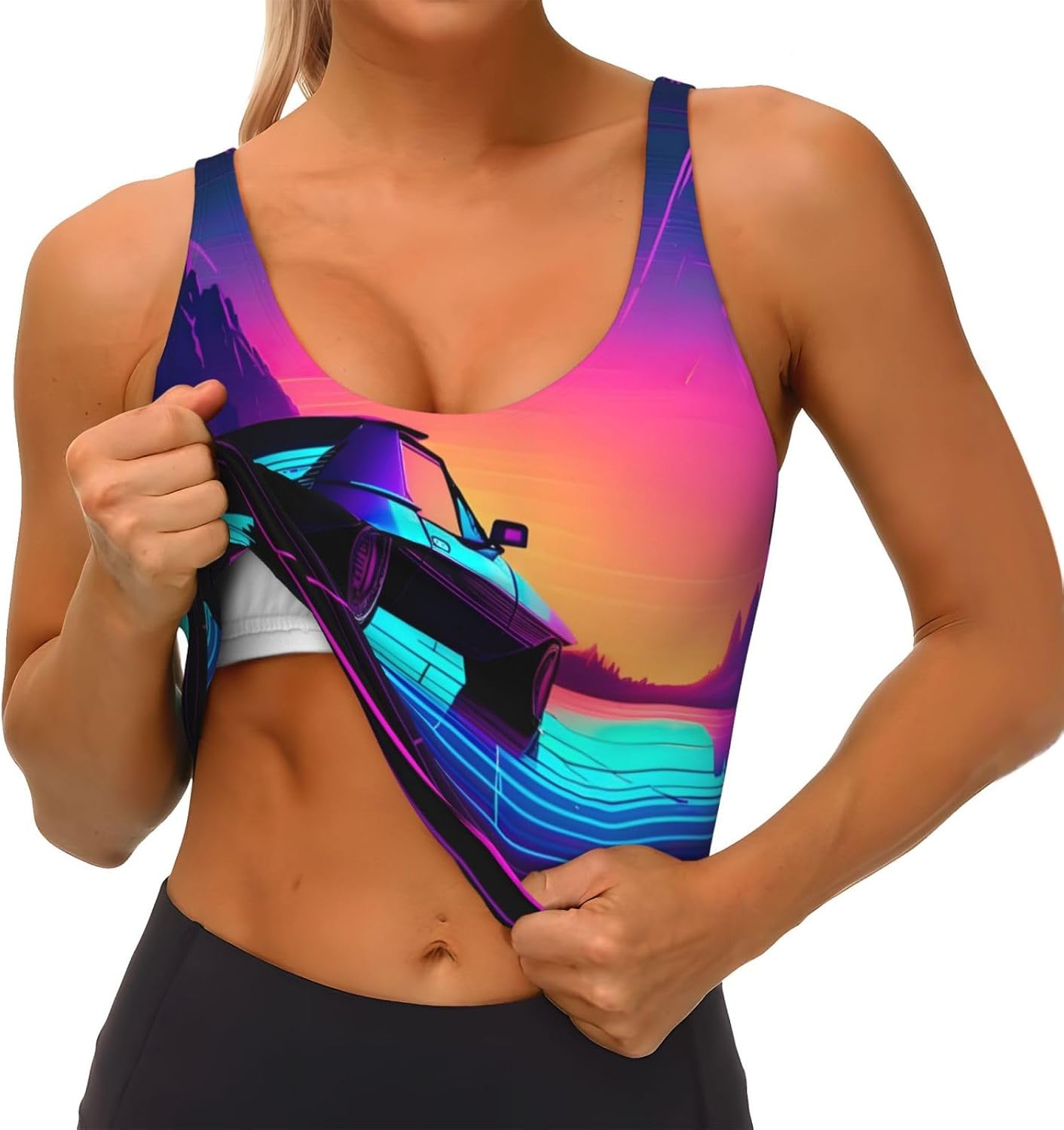 Retrowave Pictures Print Women's Sports Bra Tank Tops,Longline Sports Bras for Yoga,Workout and Running