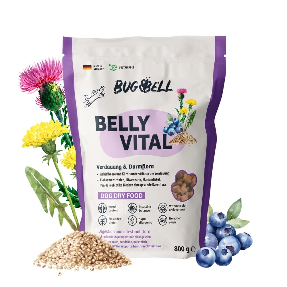 BugBell 800g BellyVital - Premium Trockenfutter mit Insekten - Hypoallergen Sensitiv Futter für Hunde- Verdauung & Darmflora mit Präbiotika - Hundefutter trocken mit Heidelbeeren & Löwenzahn