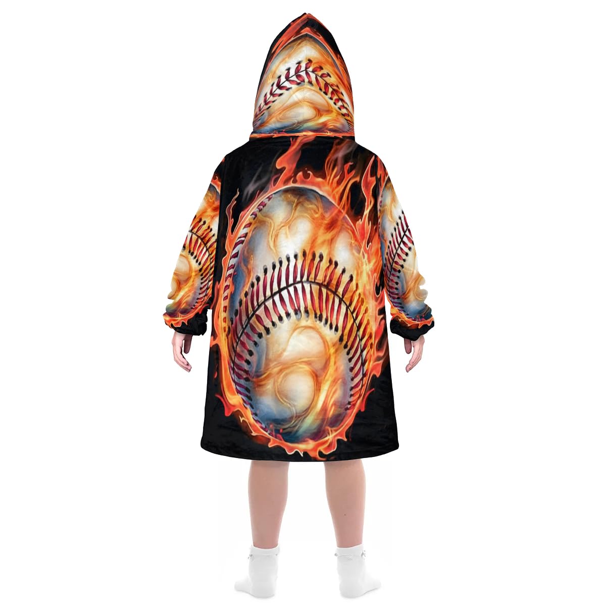 Kids Blanket Hoodie Fire Baseball Wearable Blanket Hoodie Oversized Hooded Blanket, Sweatshirt Blanket with Pockets Soft Warm Kids Hooded Blanket for Girls, Boys