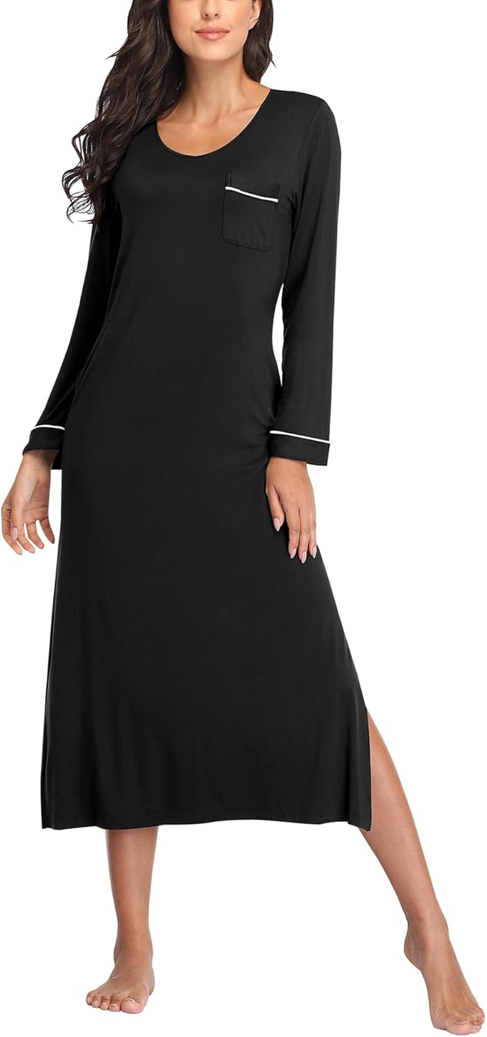 EA'S SECRET Nightgowns for Women Long Sleeve V Neck Nightshirts Soft Knit Sleepwear Full Length Loungewear with Pocket - Image 7