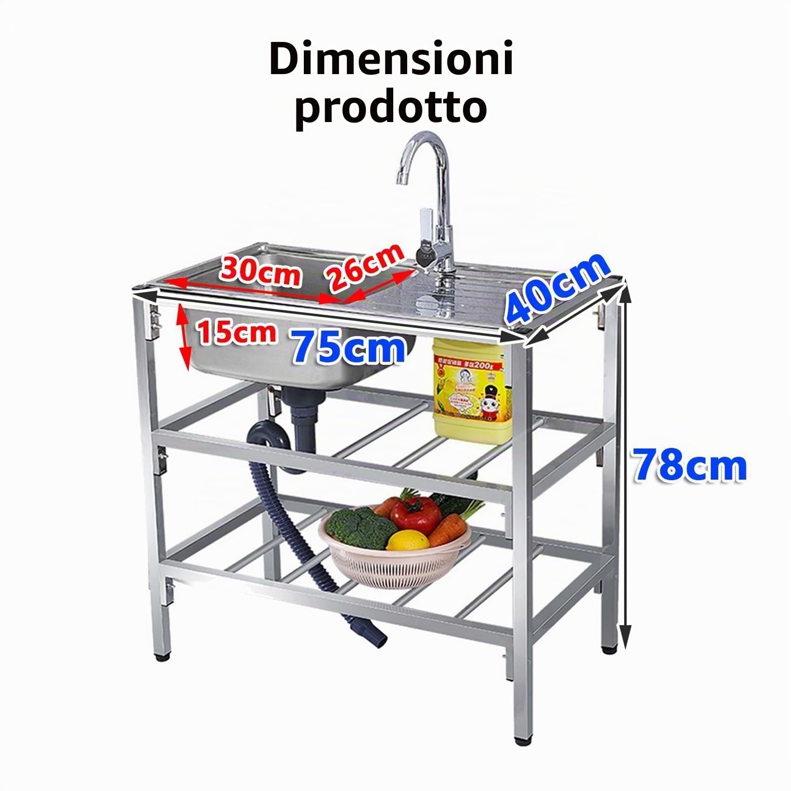 Lavello Professionale Inox a Libera Installazione | Autoportante con Rubinetto 360°, Doppio Vano e Banco da Lavoro per Esterno, Ristorante, Garage