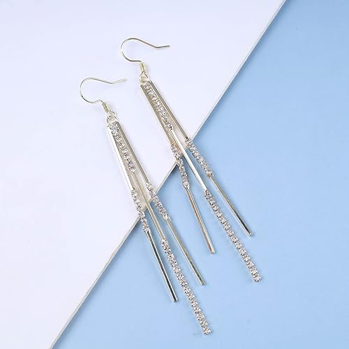 Vintage Crystal Tassel Earrings Rhinestone Bar Drop Earrings Long Rhinestone Chain Earrings Gold Cz Bar Hook Earrings Sparkle Tennis Chain Earrings Jewelry for Women(Gold)