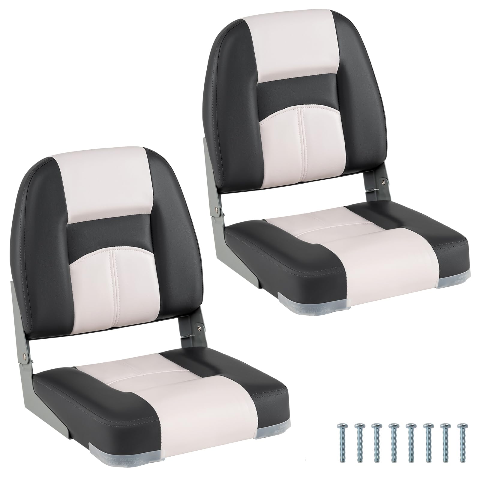 COSTWAY 2-Pack Foldable Boat Seats, Fold-down Low Back Fishing Chairs with Thick Sponge Padding, Fixing Bolts and Hinges, Waterproof PVC Leather Sightseeing Boat Speedboat Captain Seating (Gray+White)