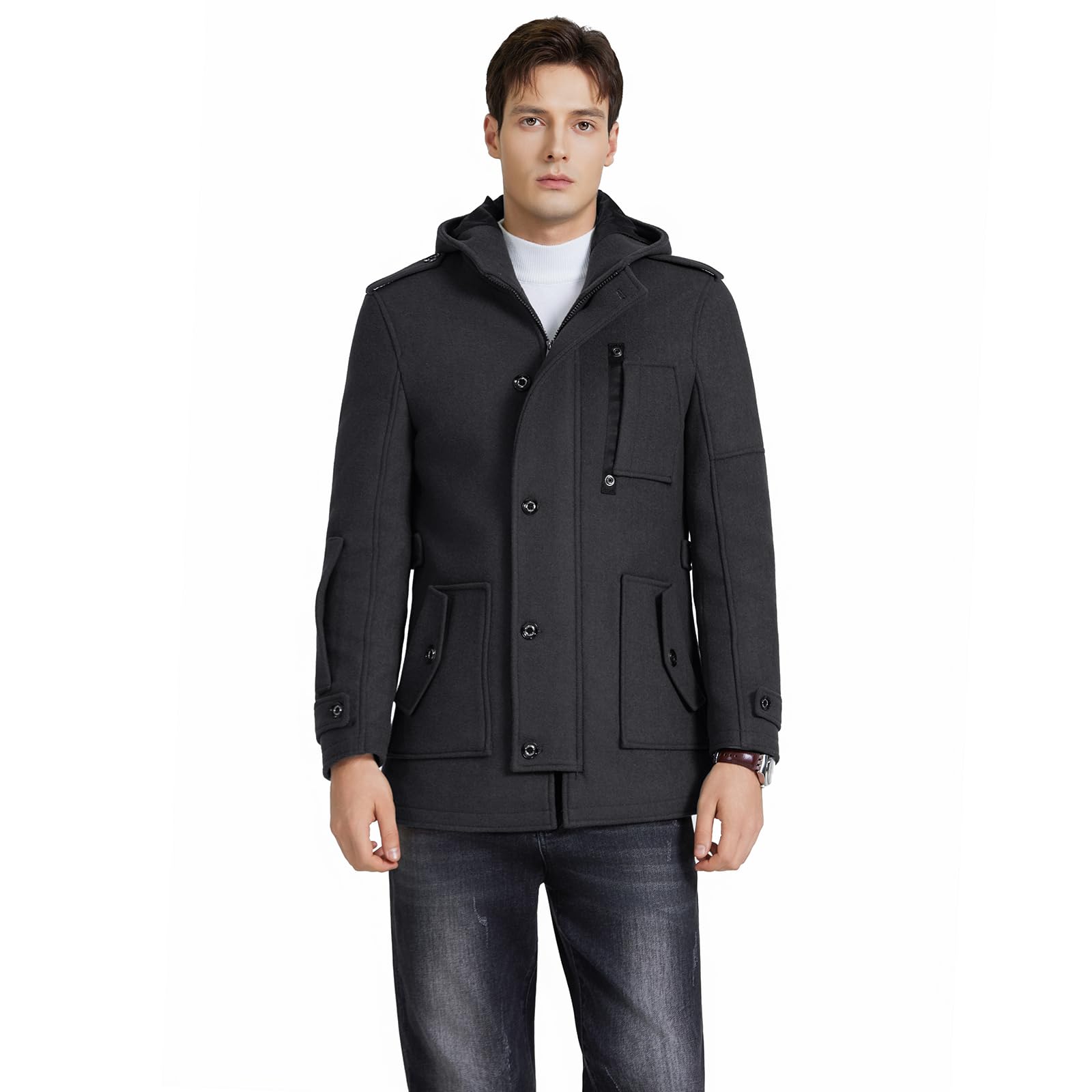 KUDORO Manteau Homme Mi-Long en Laine Chaud avec Capuche pour Hiver Trench Coat Classique Parka Pardessus Caban Slim Fit Coup-Vent Overcoat