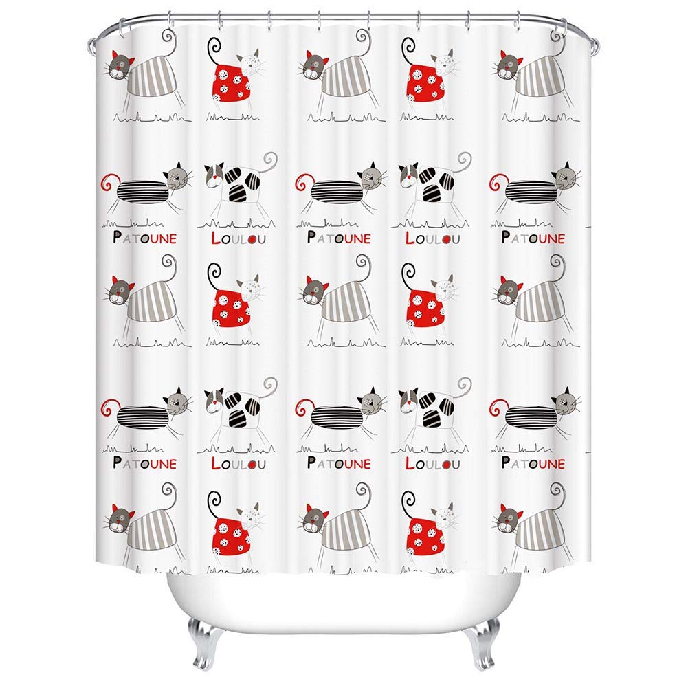 BOYOUTH Stick Figure Different Pattern of Cat Pattern Digital Print Bath Shower Curtains for Bathroom,Polyester Waterproof Fabric Bath Curtain with 12 Hooks,70x70 Inches,Multicolor