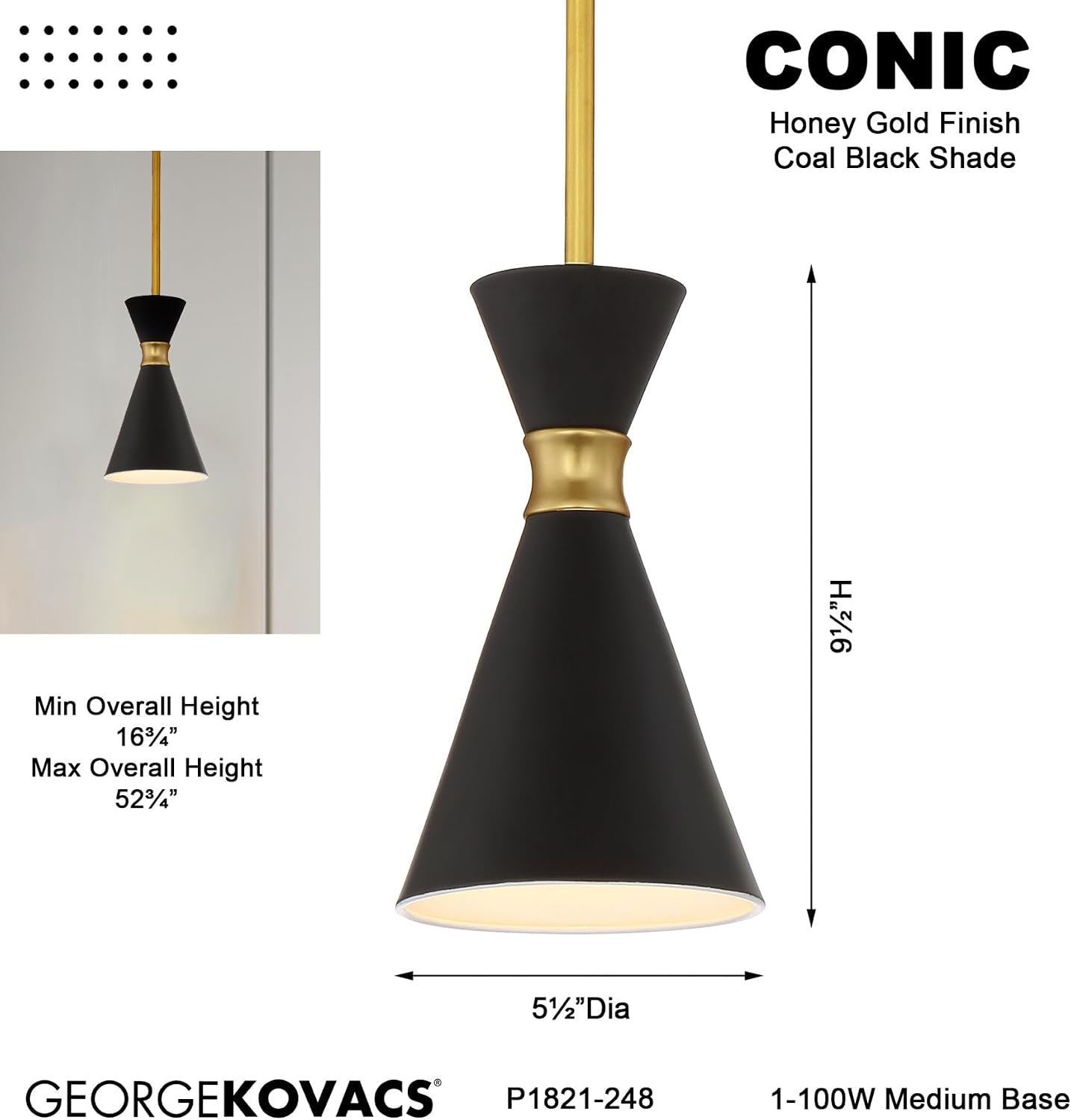 GEORGE KOVACS P1821-248 Conic Mini Pendant, 1-Light, 100 Total Watts, 9.38-in H x 5.5-in W, Honey Gold