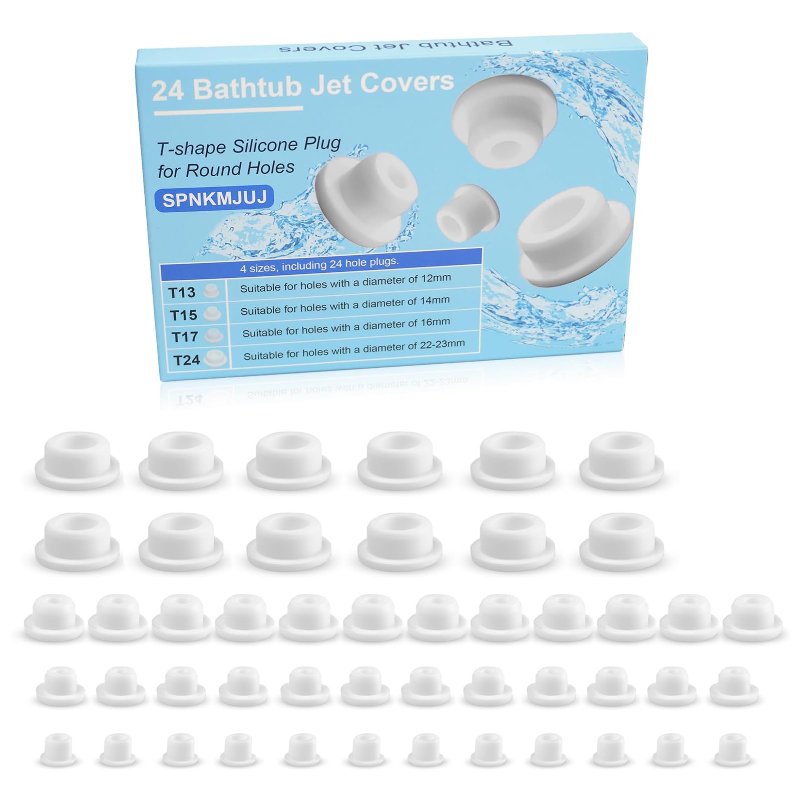 Bathtub Jet Covers, Silicone Hole Plug for Jetted Tub & Jacuzzi, White Waterproof Tub Plugs Fit 12mm/14mm/16mm/22-23mm Holes (4 Sizes)