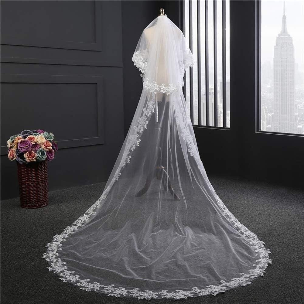 Dimeiyan Ivory Wedding Bridal Veil,Wedding Veil,3 Meters White Cathedral Wedding Veils Long Lace Edge 2 Tier Bride Veil With Comb Wedding Accessories Veil(Ivory)