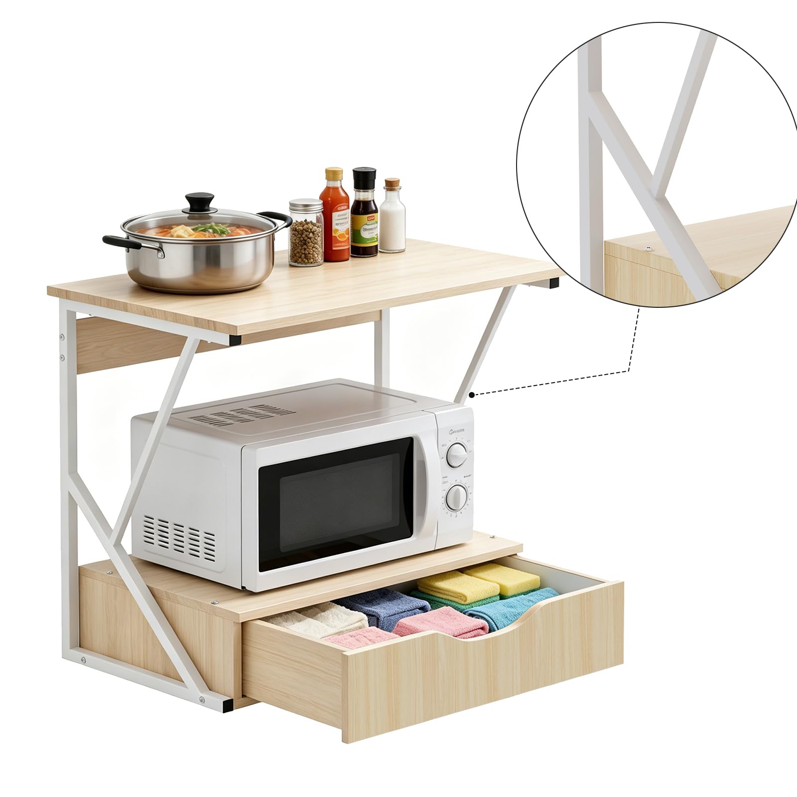 Mensola per Microonde Struttura in Metallo con Mensola in Legno MDF e Cassetto Organizzatore Porta Utensili da Cucina Design Moderno, 54x35x50 cm-Acero Bianco