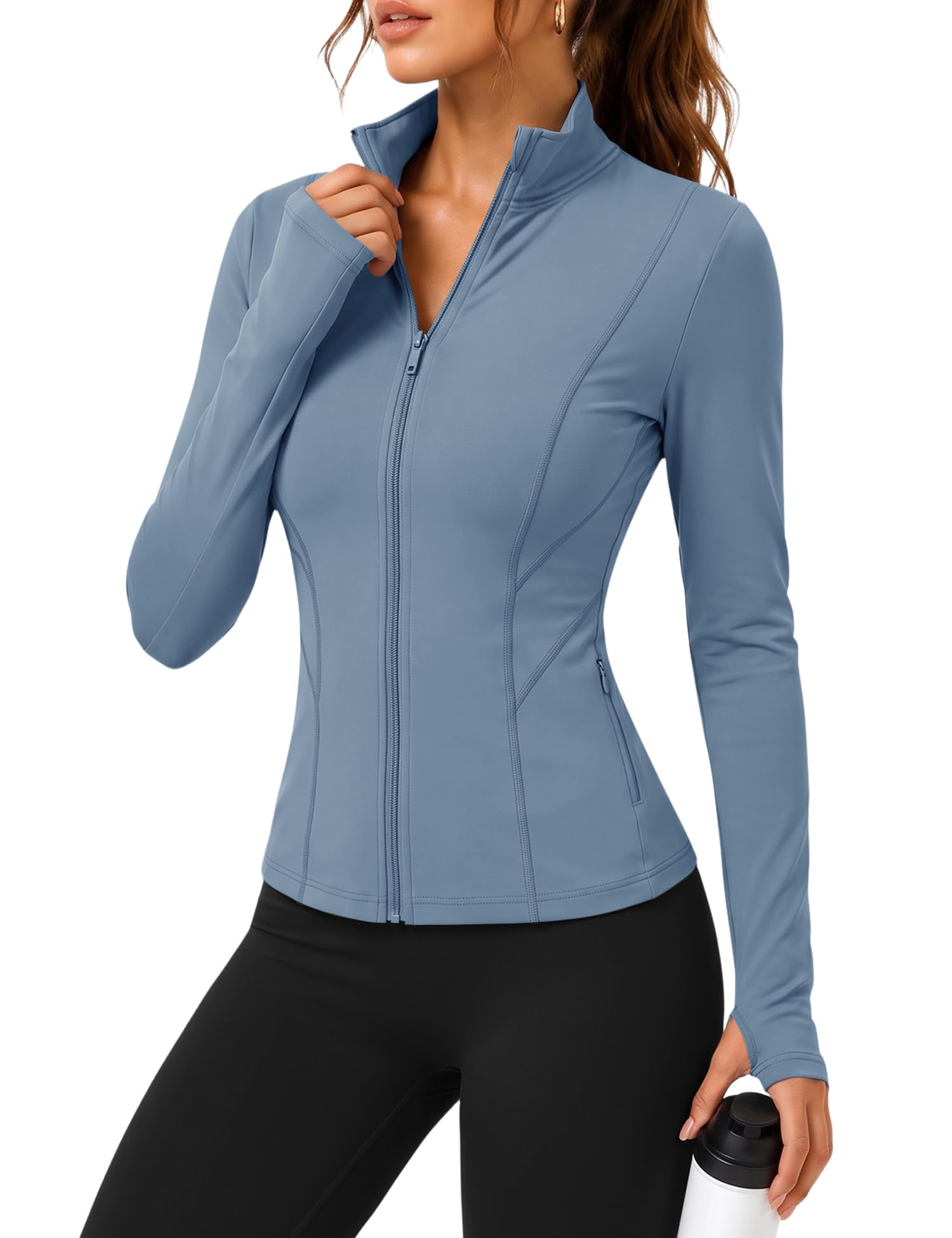 Rapbin Women's Slim Fit Workout Jackets Full Zip Long Sleeve Running Athletic Tops Yoga Shirts with Thumb Holes