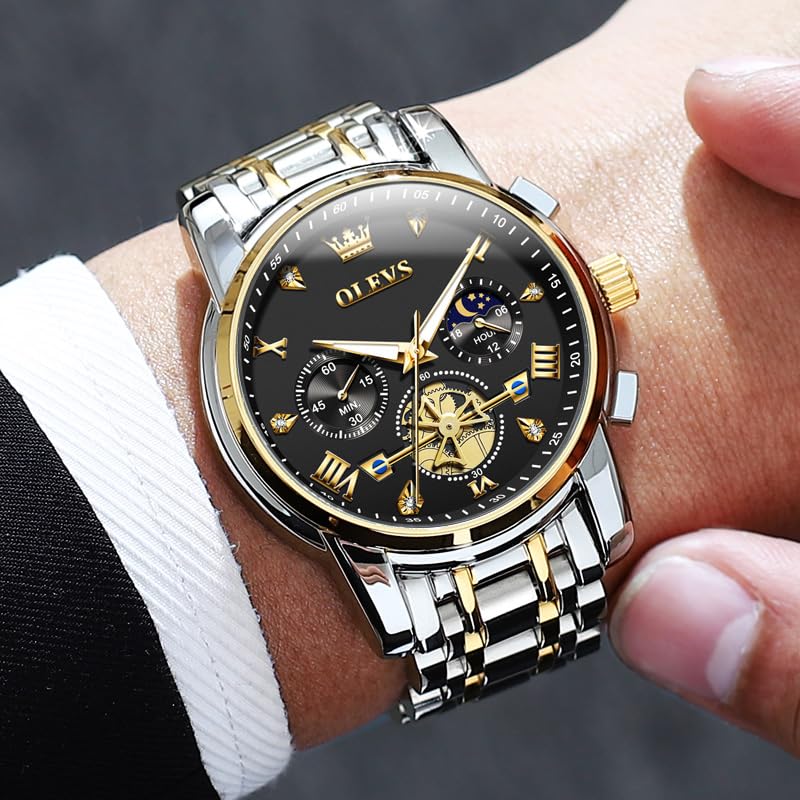 OLEVS Mens Black Face Watches Luxury Watch for Men Silver and Gold Chronograph Men Diamond Watch with Day Date Mens Waterproof Analog Quartz Roman Numerals Relojes para Hombres
