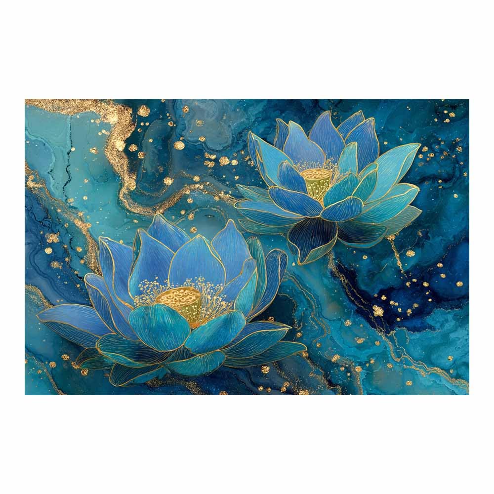 Hoqiu Multicolor Flower Posters Blue Lotuses Gold Art Modern Canvas Wall Art, Decorative Paintings, Canvas Painting Wall Art For Home Decor.(Multicolor)-60X80cm Unframed