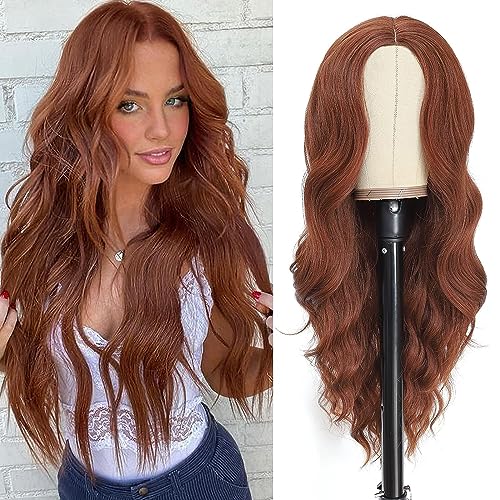 PORSMEER Long Copper Wigs for Women with Middle Part Ginger Wig Wavy Curly Synthetic Hair Natural Looking Heat Resistant Fiber for Daily/Halloween Party,26inch,Auburn Color
