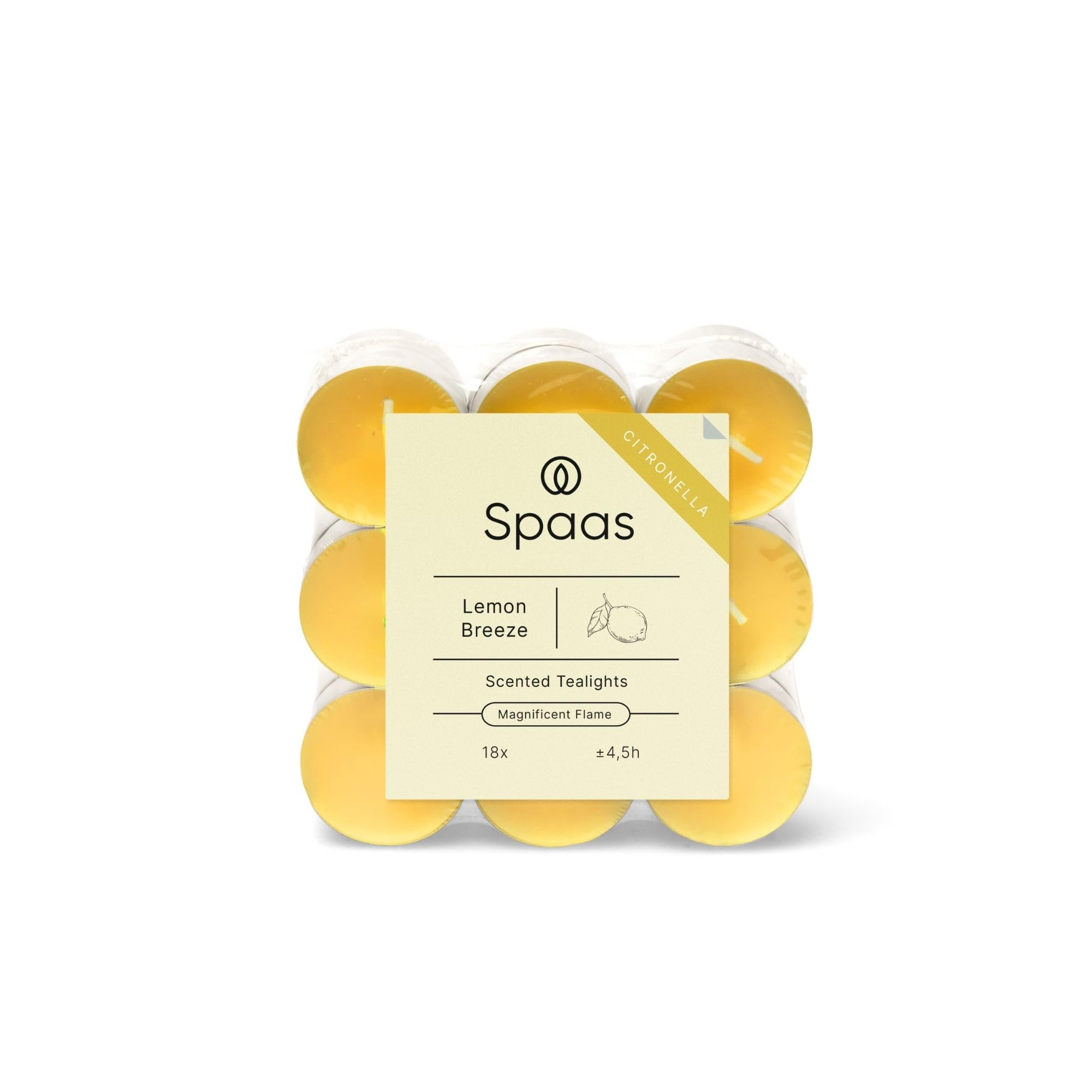 Spaas 10 x 18 Citronella Tealights, ± 4.5 Hours, Light Yellow, Lemon Breeze