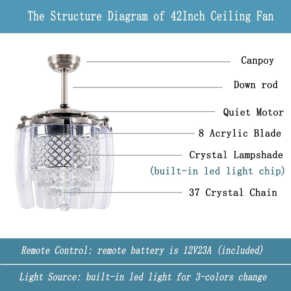 Get Special Price LuxureFan Modern Crystal Ceiling Fan Light for Living Room Restaurant with 8 Foldable Transparent Acrylic Leaves with Invisible Take-Off Remote Chandeliers of Sand Nickel 42 Inch