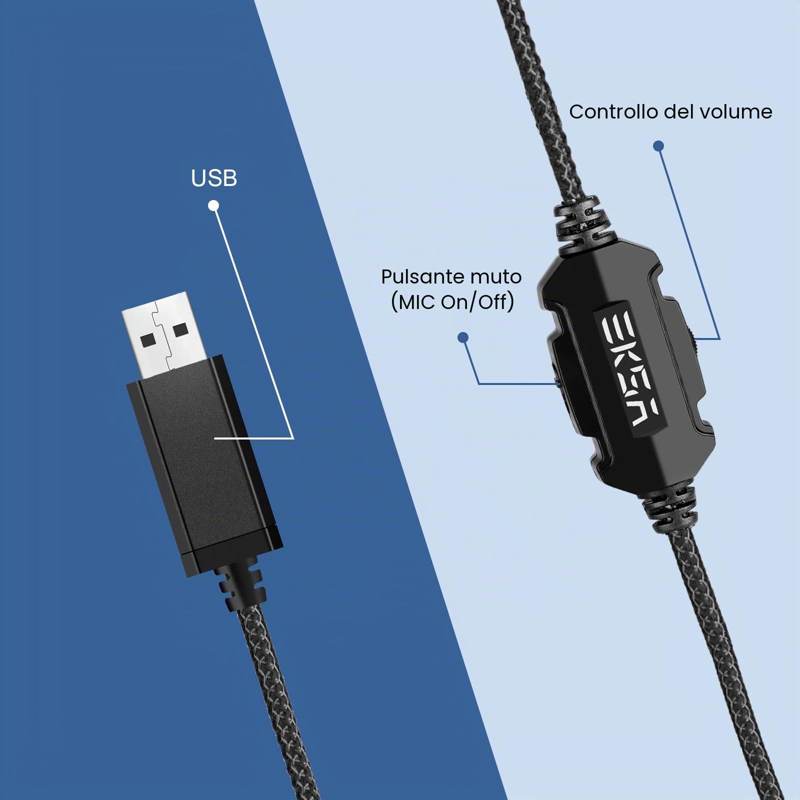 EKSA E1000 USB Cuffie Gaming per PC, Cuffie PS5 con Microfono，Cuffie da Gaming ENC Cancellazione del Rumore,Wired Headset with Mic Suono Surround 7.1,RGB Black