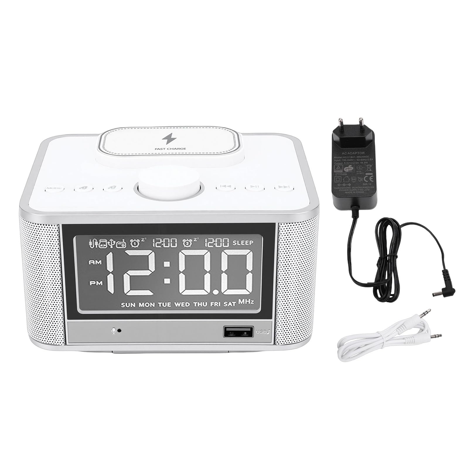AMONIDA Sveglia con Altoparlante da 5 W, Radio FM con Ricarica Wireless, Display LCD e Porta AUX, per la Camera da Letto 'ufficio Domestico (Spina europea)