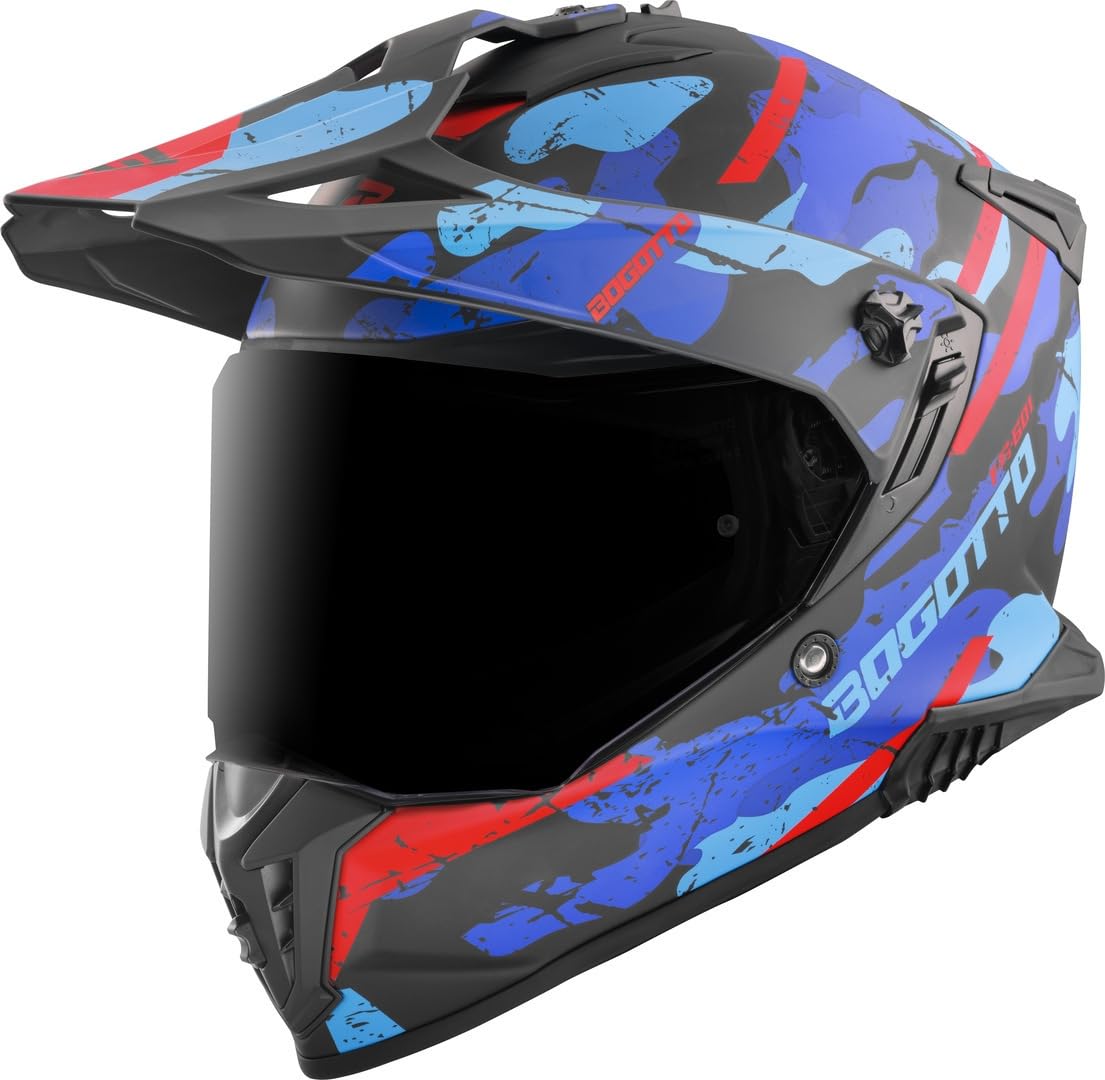 Bogotto FG-​601 Sniper Casco da enduro in fibra di vetro, nero opaco/​rosso/​blu, XL