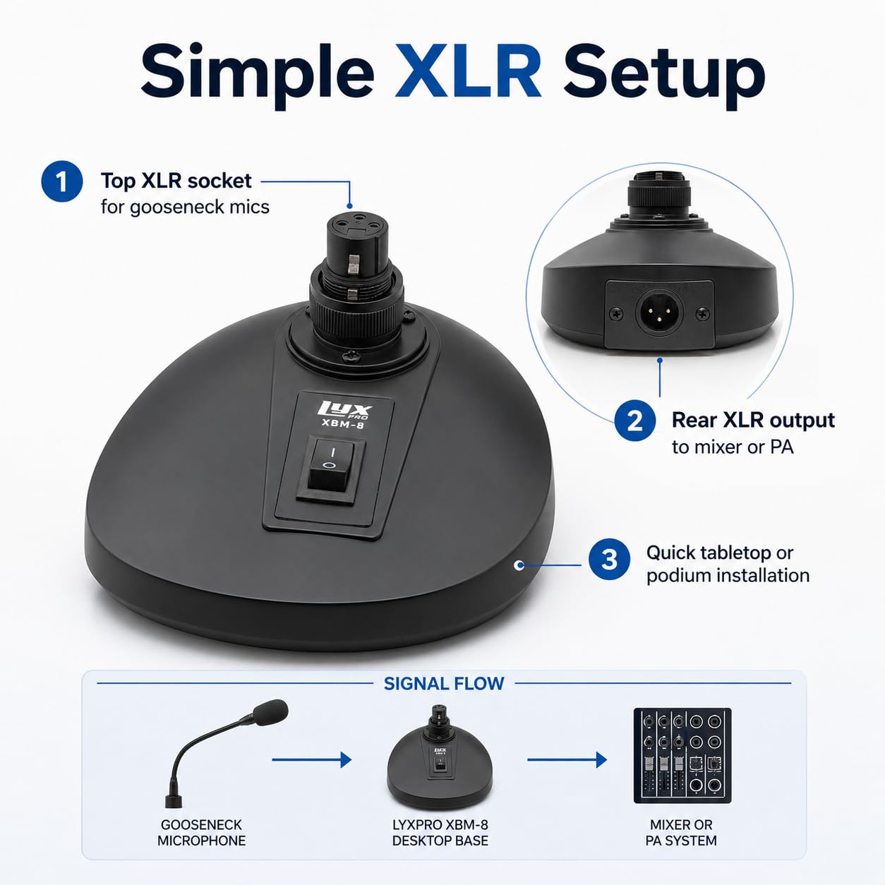 LyxPro XBM-8 – Supporto con base da tavolo per microfoni da podio e con asta flessibile