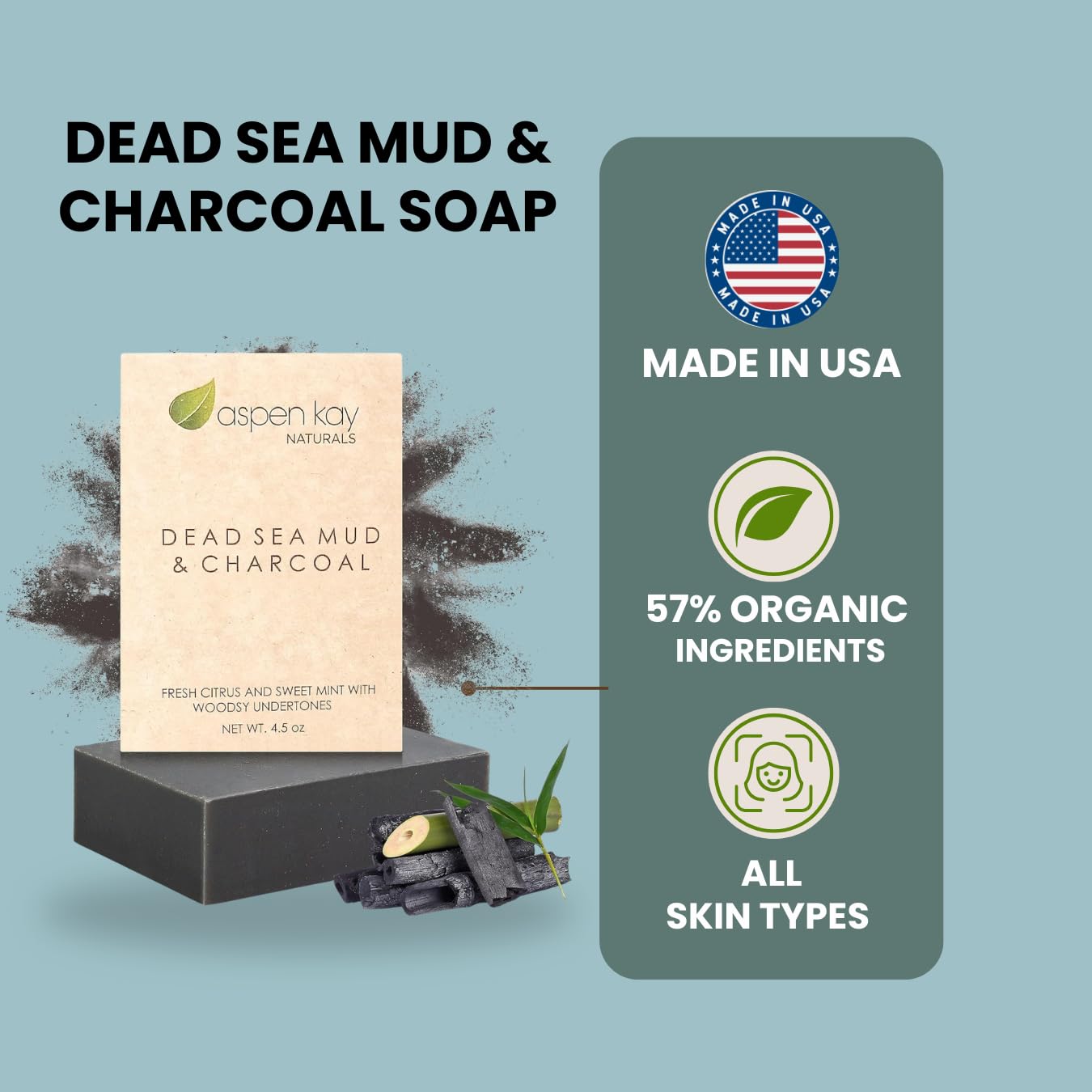 Aspen Kay Naturals Handmade Dead Sea Mud Soap Bar, Activated Charcoal & Pure Essential Oils, 4.5 oz Bar