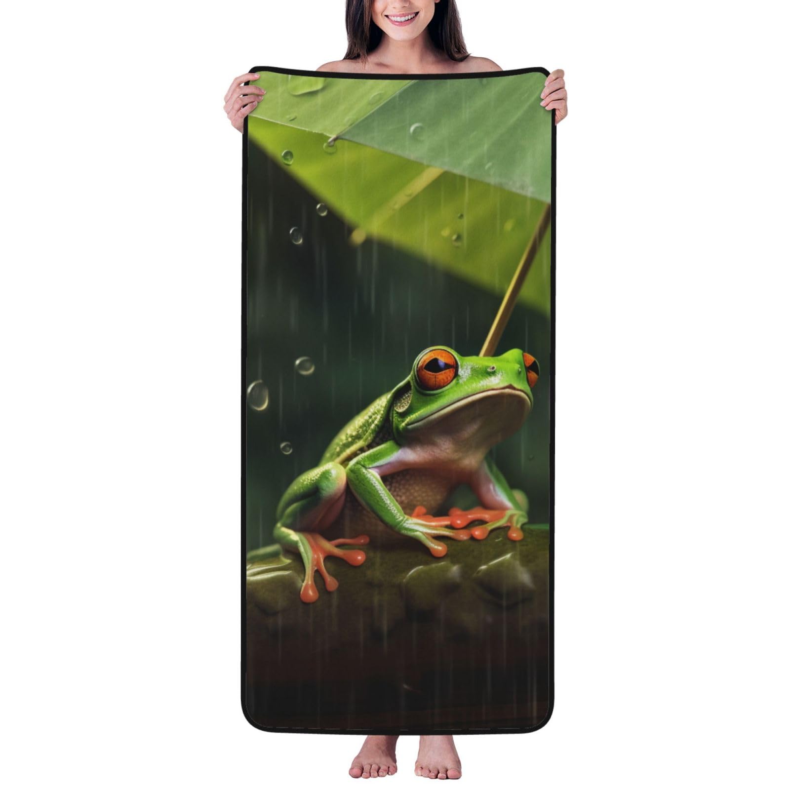 WPKJU Frog and Rain Printed Bath Towel with Black Edging - 27x55 in Soft Extra Absorbent Coral Velvet Shower Towels for Bathroom