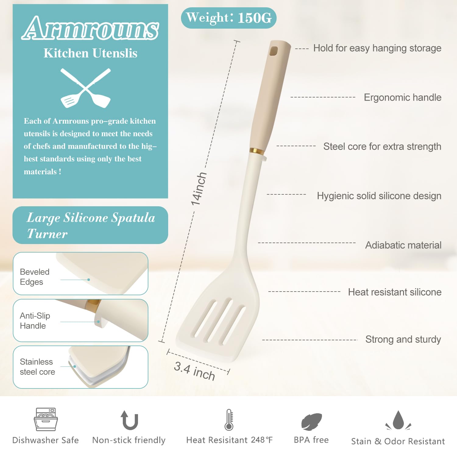 Armrous - Espátula de silicona ranurada de 14 pulgadas, espátula antiadherente de mango largo para cocinar, espátula grande de goma resistente al calor, utensilios de cocina ideales para peces,
